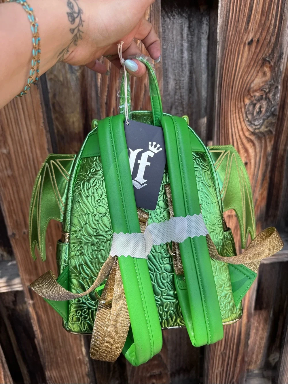 Loungefly Metallic Green Dragon Mini Backpack with Gold Accents